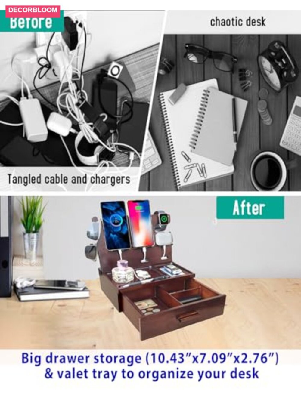 Wood Nightstand Organizer with Drawer, 4-Port USB Charging Station, Fast - Picture 4 of 5